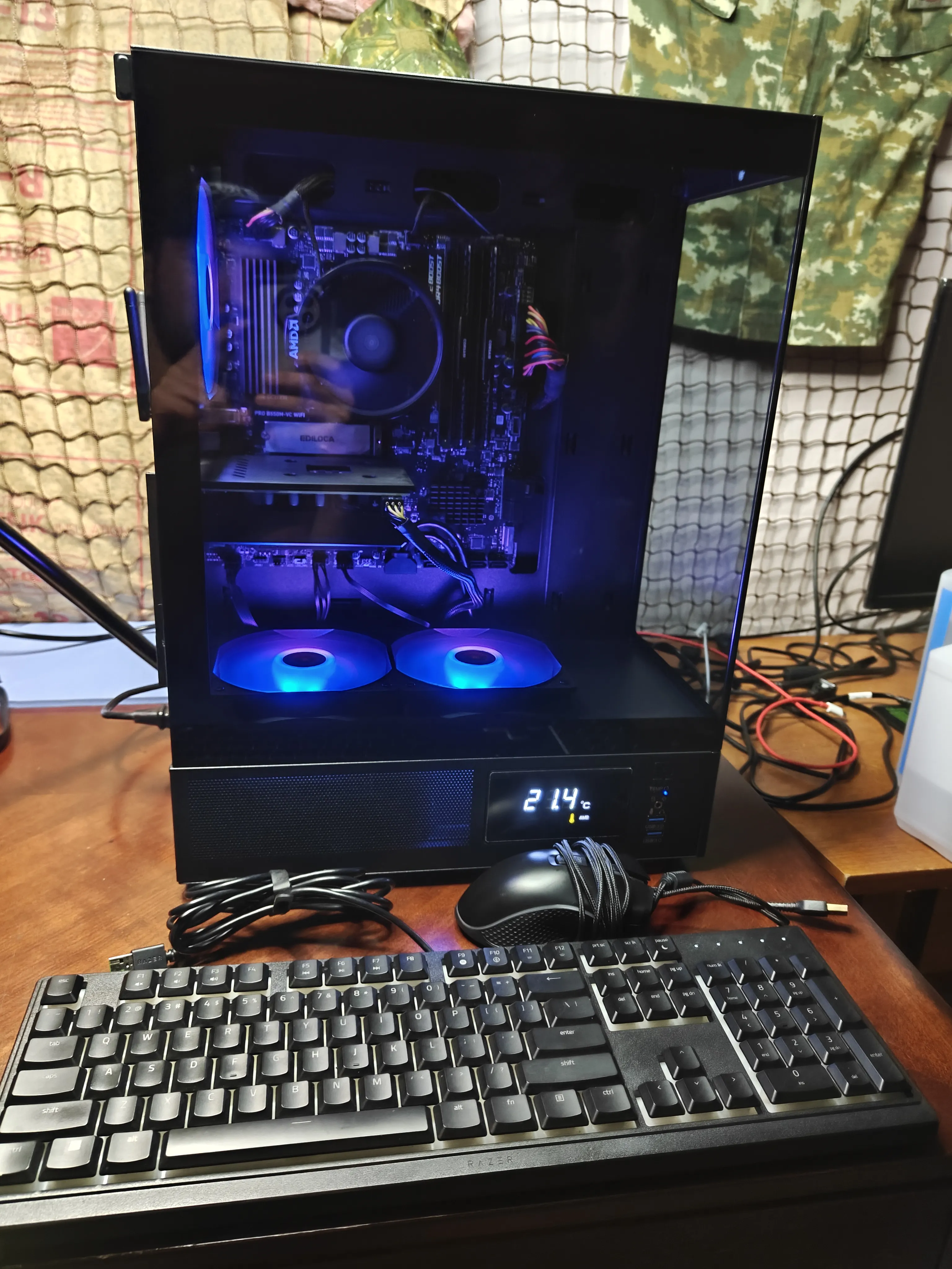 Custom gaming PC build with blue RGB lighting